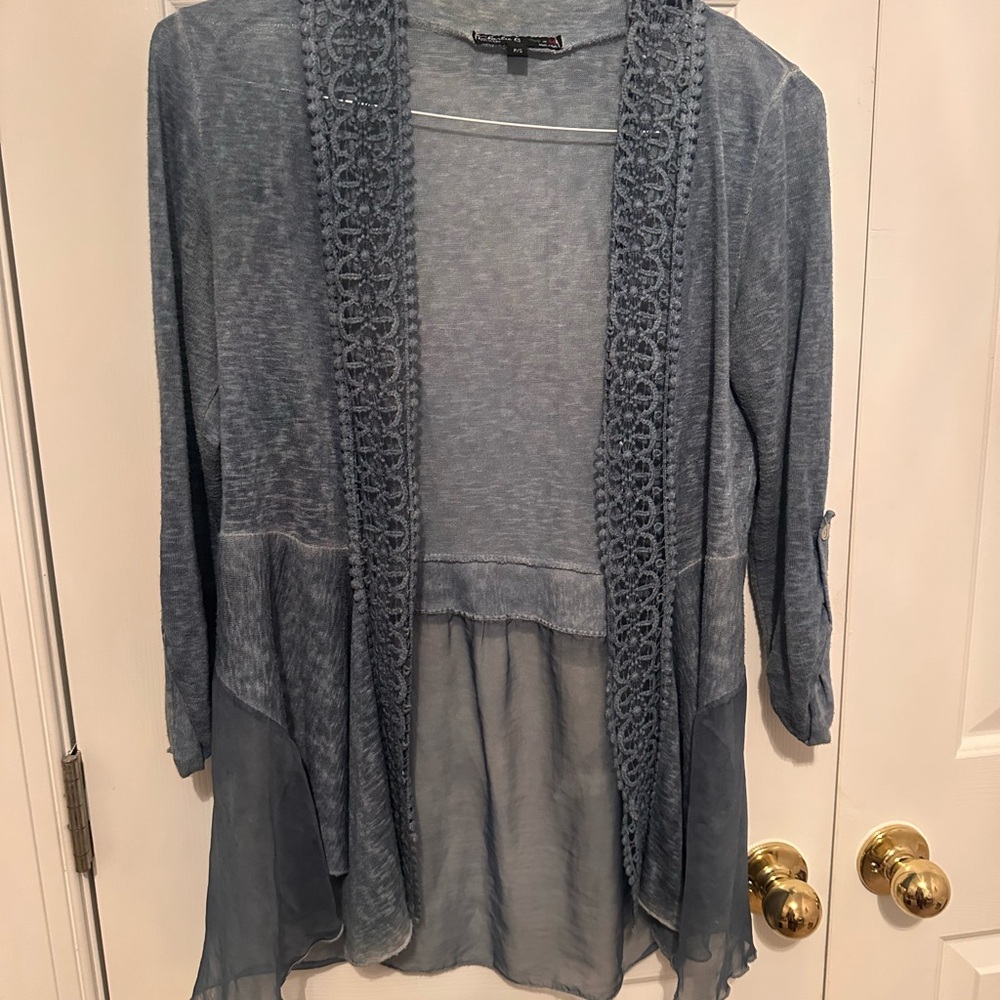 Light Blue Open-Front Crochet-Trim Cardigan by Unknown Brand